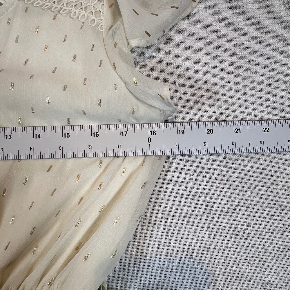 Sweet Wanderer Boho Midi Dress Cream Ruffle Sleeve Tie Waist Gold Size L - Picture 5 of 8